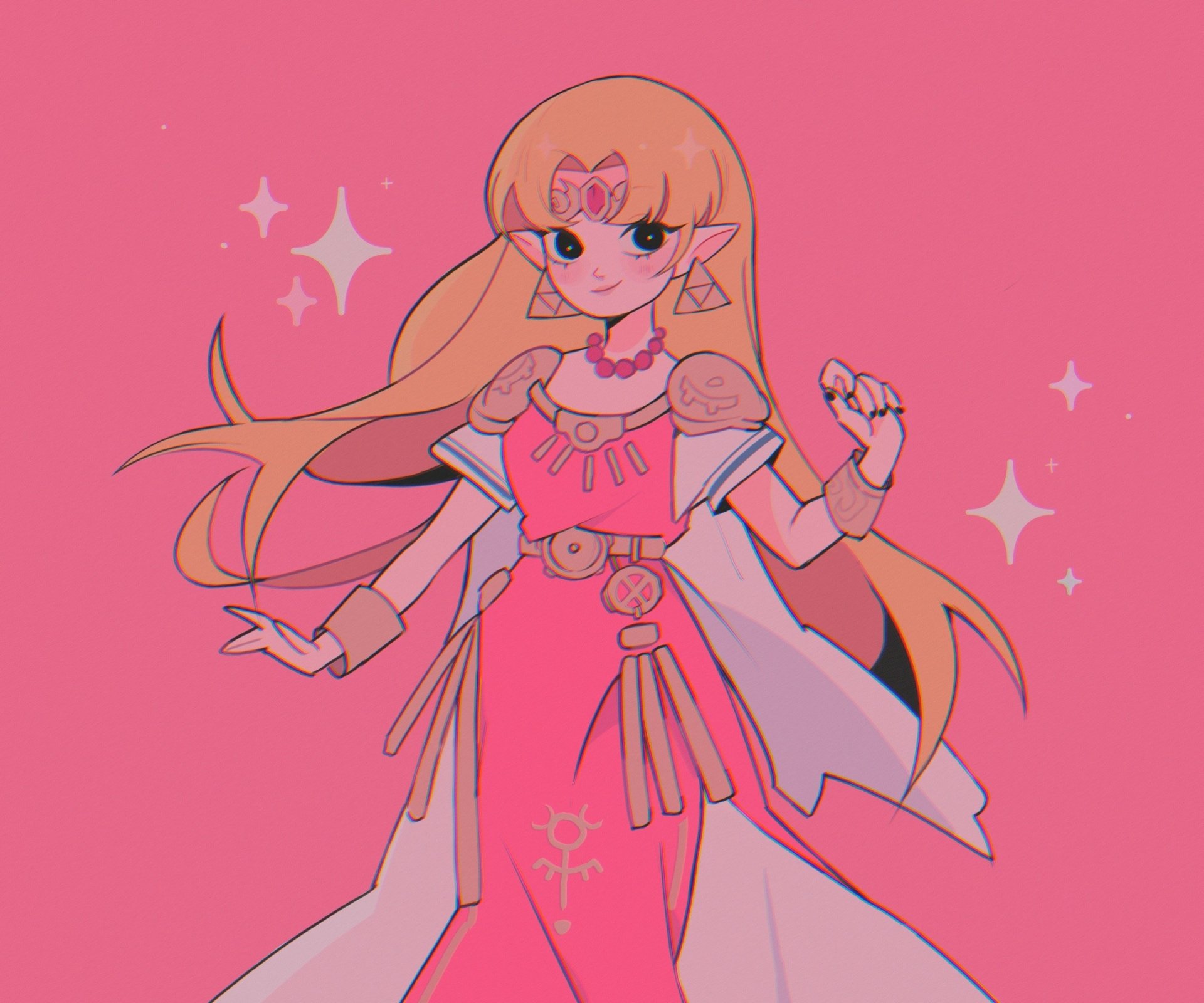 HD PC desktop wallpaper featuring Princess Zelda from the video game The Legend of Zelda, depicted in a stylized, vibrant pink design with sparkling accents.