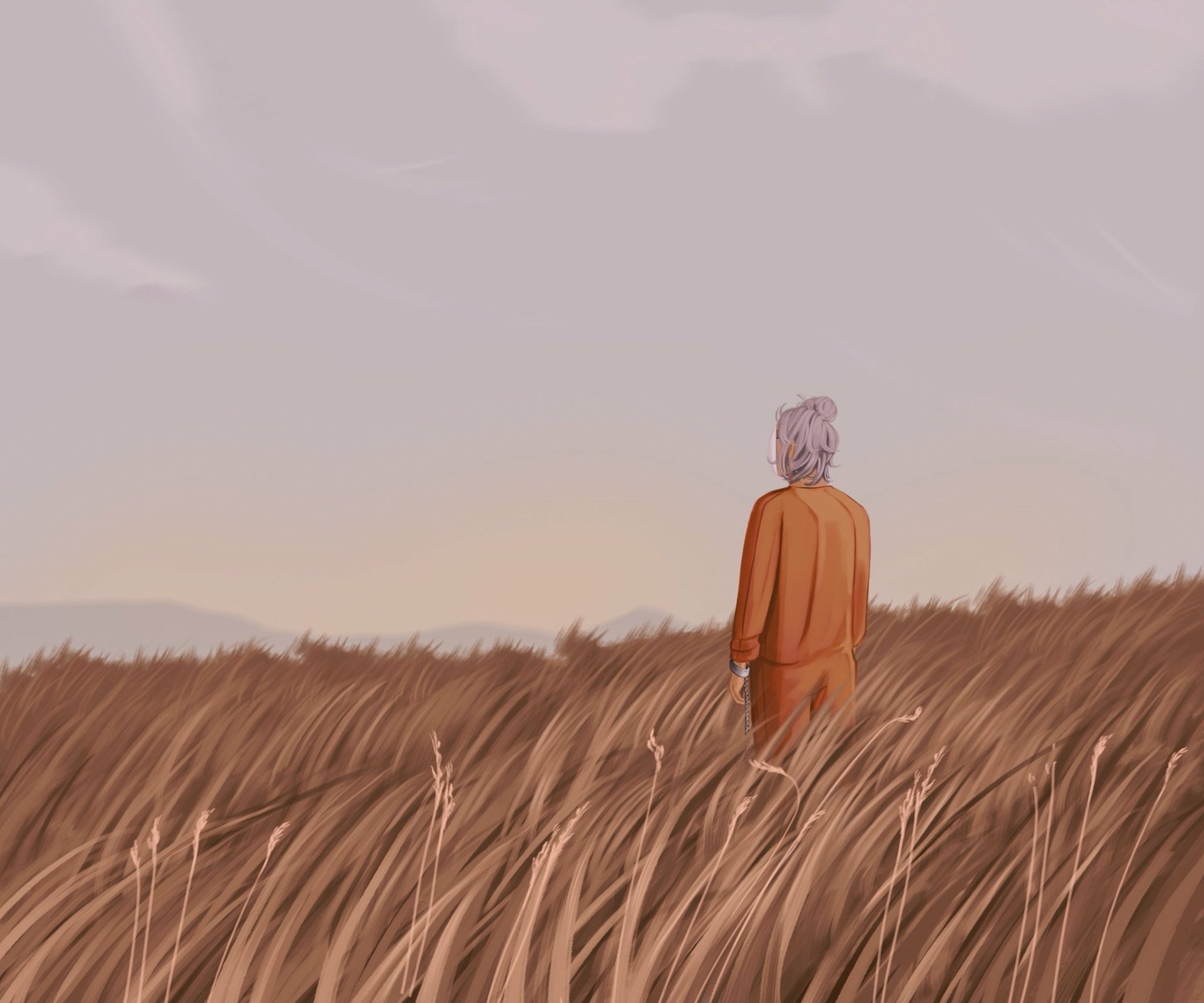HD PC desktop wallpaper depicting a lone figure with gray hair standing in a vast field of tall grass under a pale sky, tagged with music and Billie Eilish.