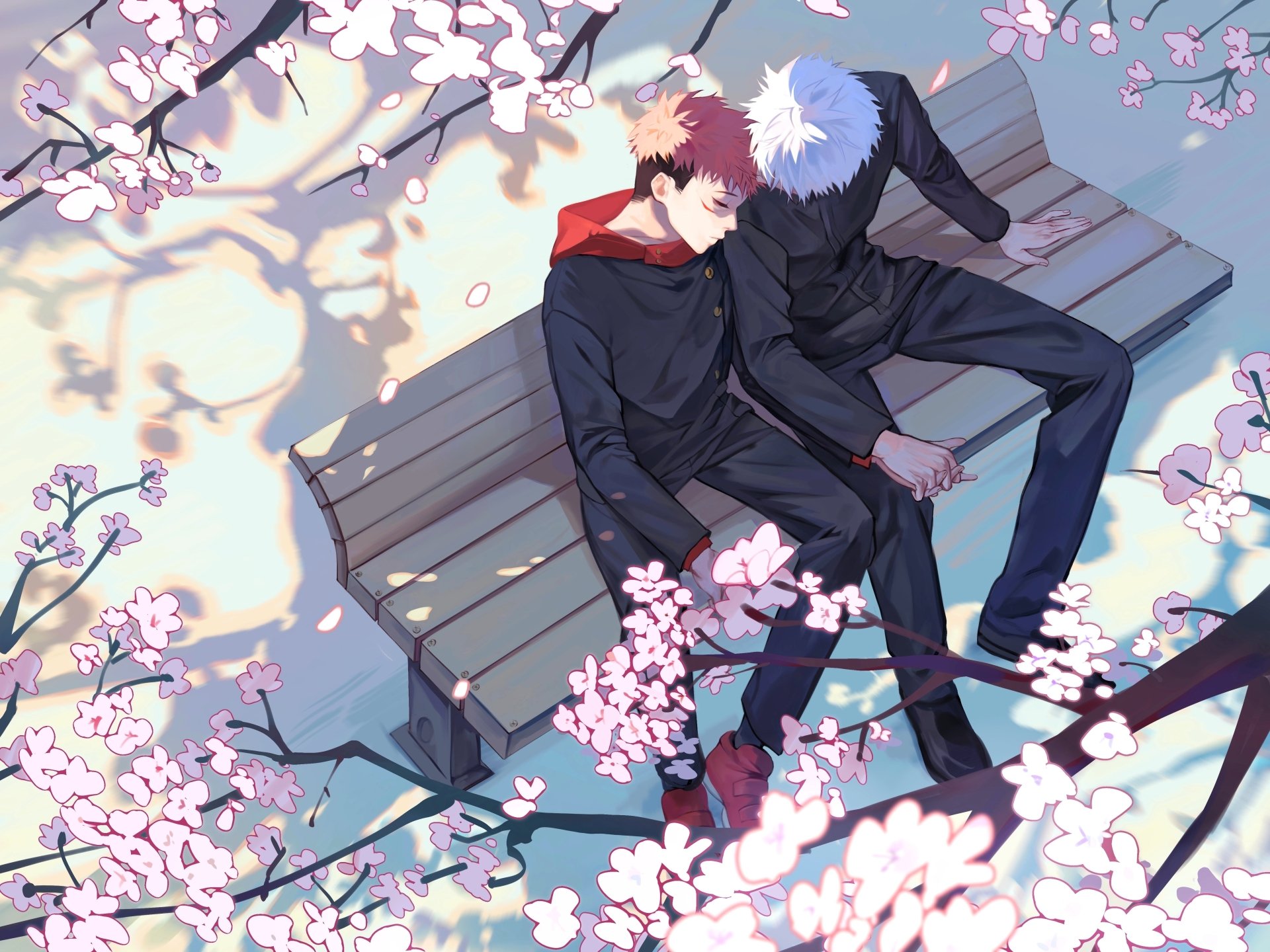 4K Ultra HD anime wallpaper featuring Satoru Gojo and Yuji Itadori from Jujutsu Kaisen, sitting together on a bench surrounded by cherry blossoms.