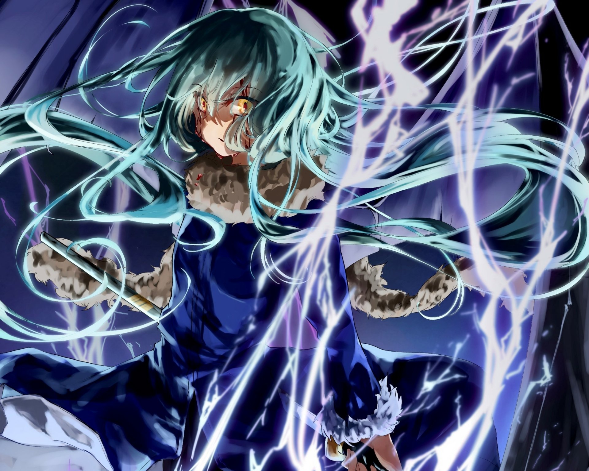 Rimuru Tempest from That Time I Got Reincarnated as a Slime surrounded by dynamic energy, set against a vibrant, atmospheric background. HD PC desktop wallpaper.