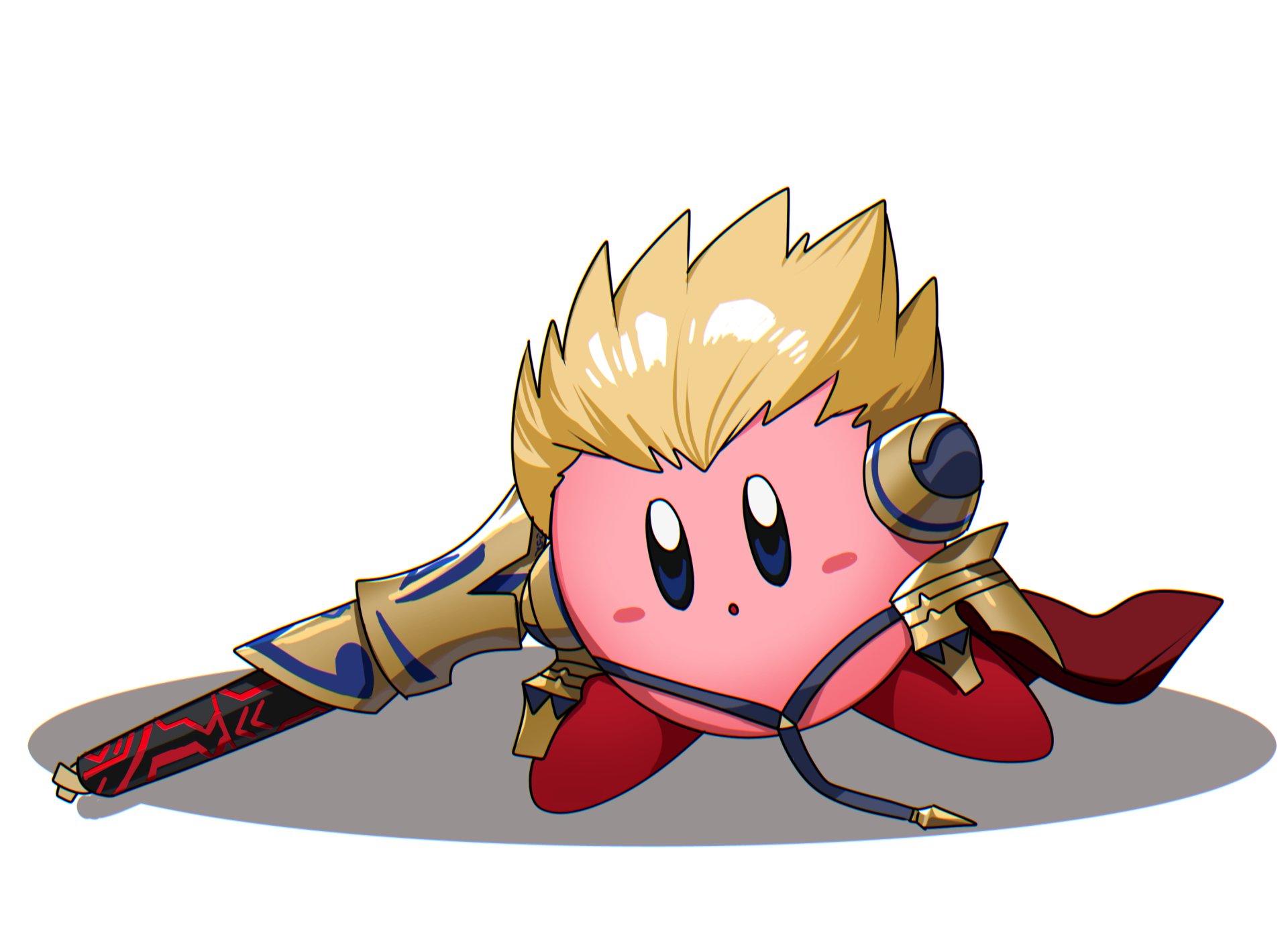 HD PC desktop wallpaper featuring Kirby from the video game series dressed in golden armor, holding a detailed, ornate sword with blue and red accents.