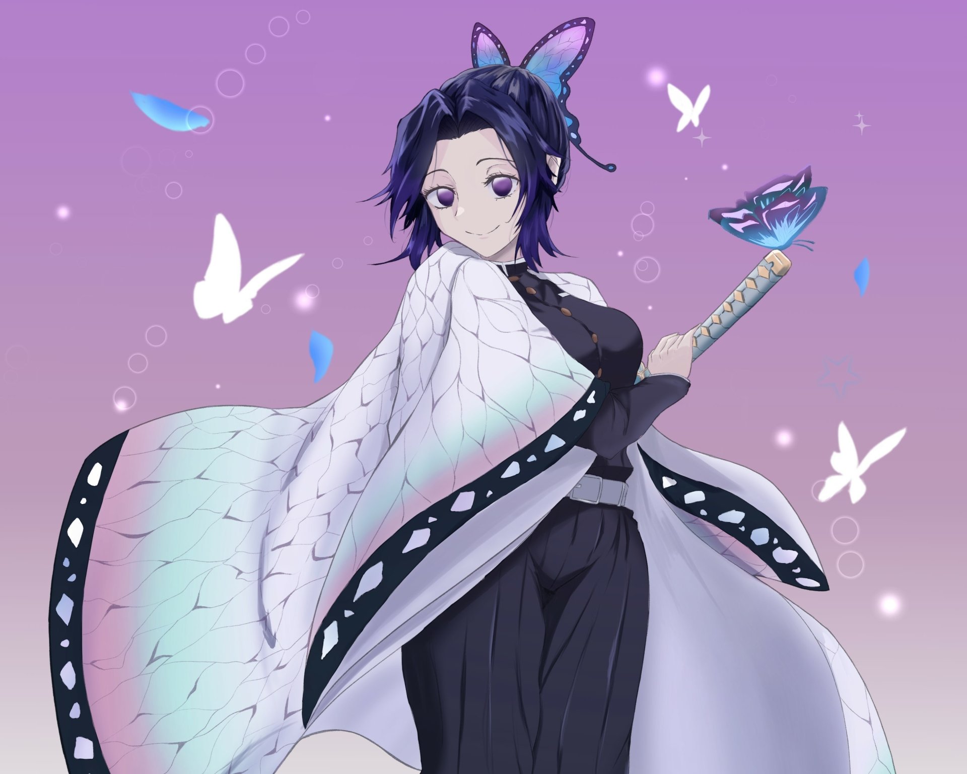 Shinobu Kochou (Anime, Demon Slayer: Kimetsu no Yaiba) 2K Quad HD PC desktop wallpaper — standing against a soft purple backdrop with butterflies, wearing her butterfly haori and holding her sword.