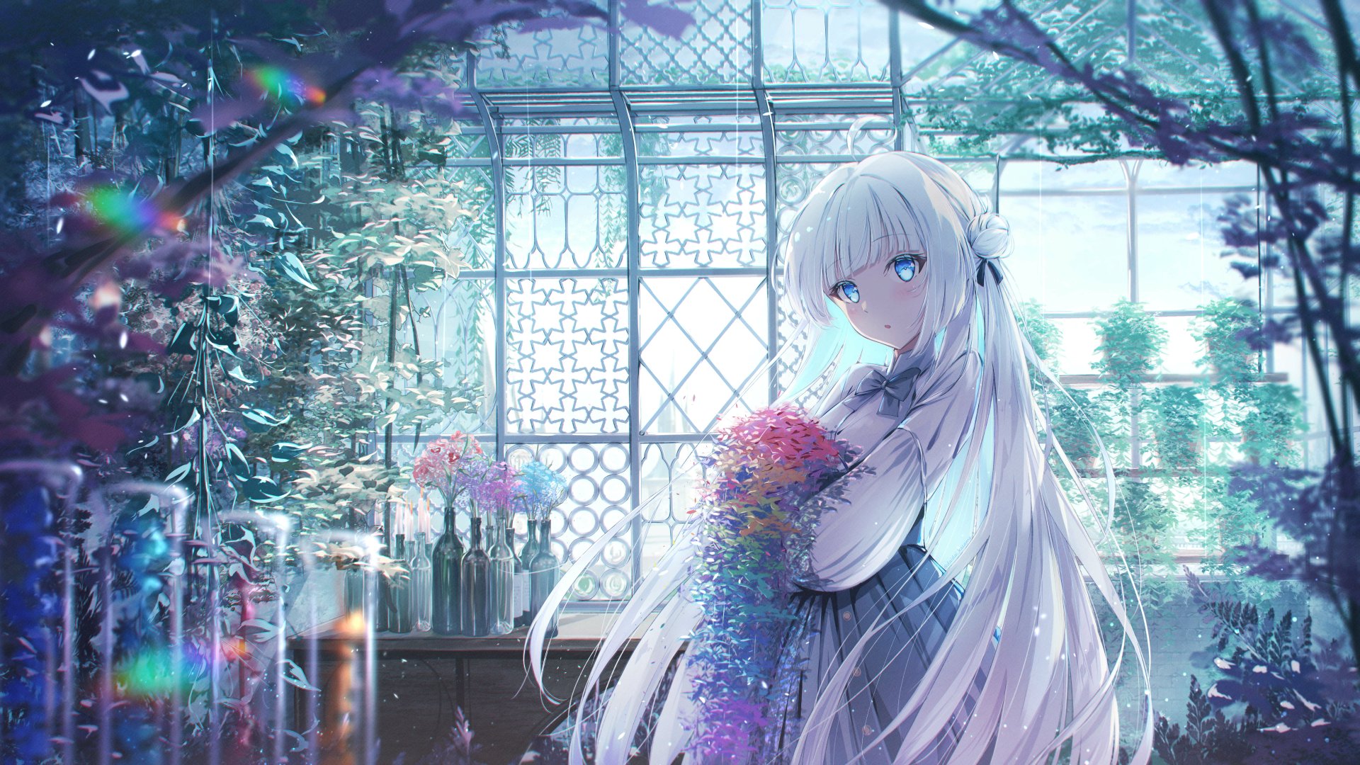 An 8K Ultra HD anime girl with long white hair stands in a luminous greenhouse filled with greenery and flowers, creating a serene and detailed PC desktop background.