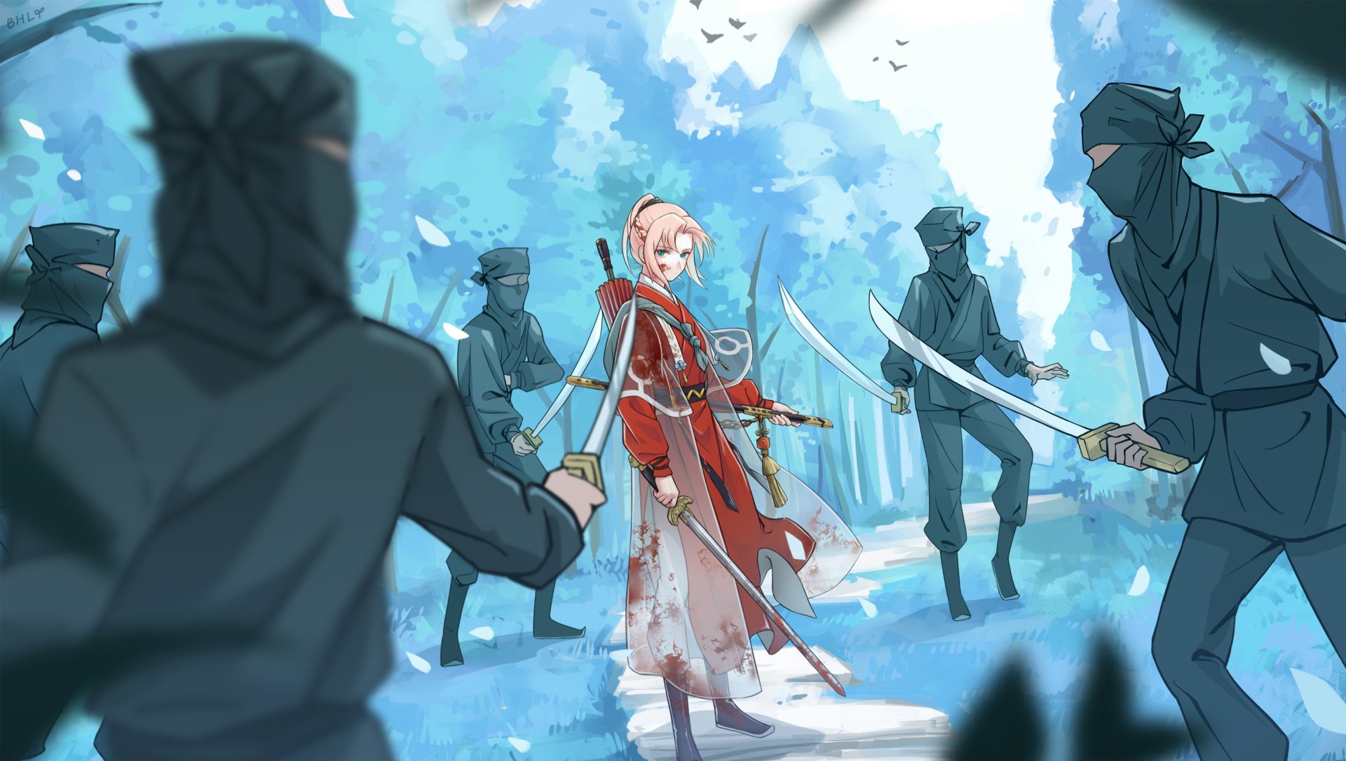 HD anime desktop wallpaper featuring Sakura Haruno from Naruto standing confidently surrounded by ninjas in a snowy forest, ready for battle.