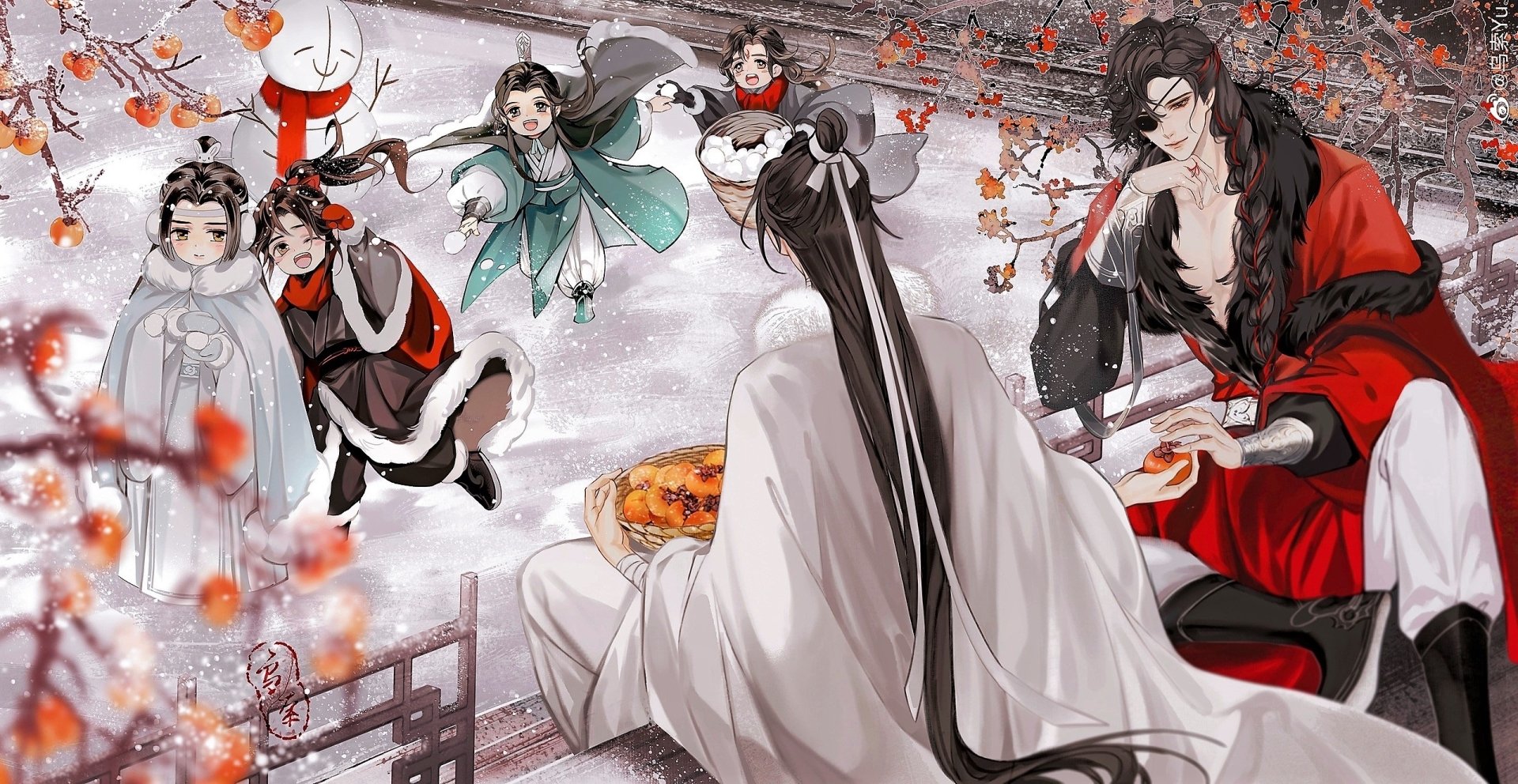 HD anime desktop wallpaper featuring Lan Wangji with characters from Mo Dao Zu Shi, Tian Guan Ci Fu, and The Scum Villain's Self-Saving System in a vibrant crossover scene.