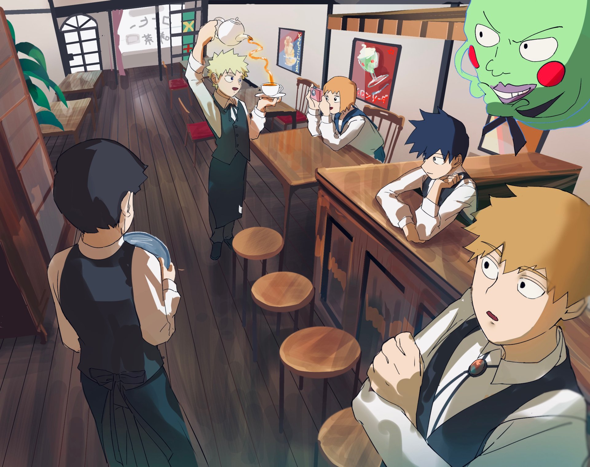 HD anime desktop wallpaper featuring Arataka Reigen, Ichi Mezato, Shigeo Kageyama, Ritsu Kageyama, and Teruki Hanazawa from Mob Psycho 100 in a cozy café setting.