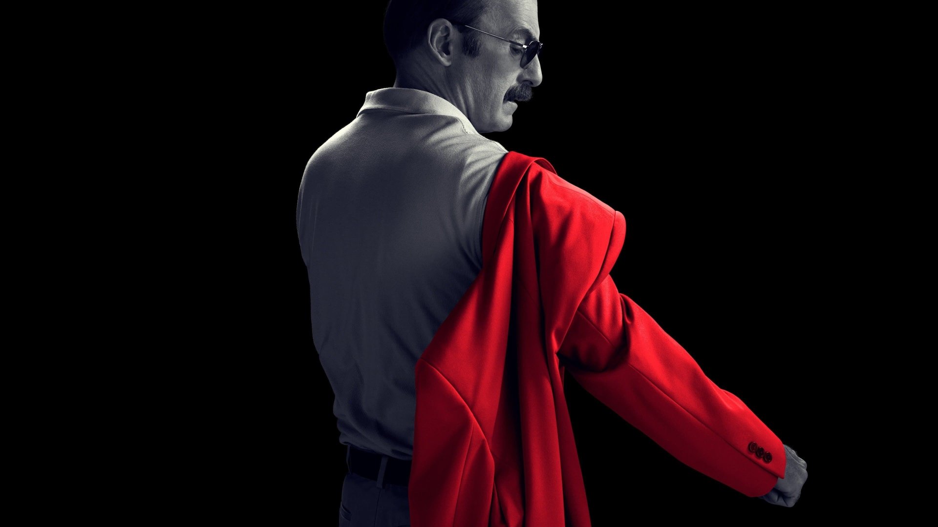4K PC wallpaper of a TV-lawyer in moody lighting slipping into a red jacket, Better Call Saul–style legal drama aesthetic.