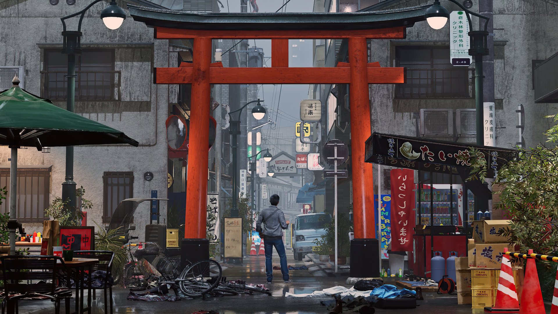 4K Ultra HD PC desktop wallpaper from the video game GhostWire: Tokyo, featuring a lone figure standing beneath a large red torii gate in a detailed urban street scene.