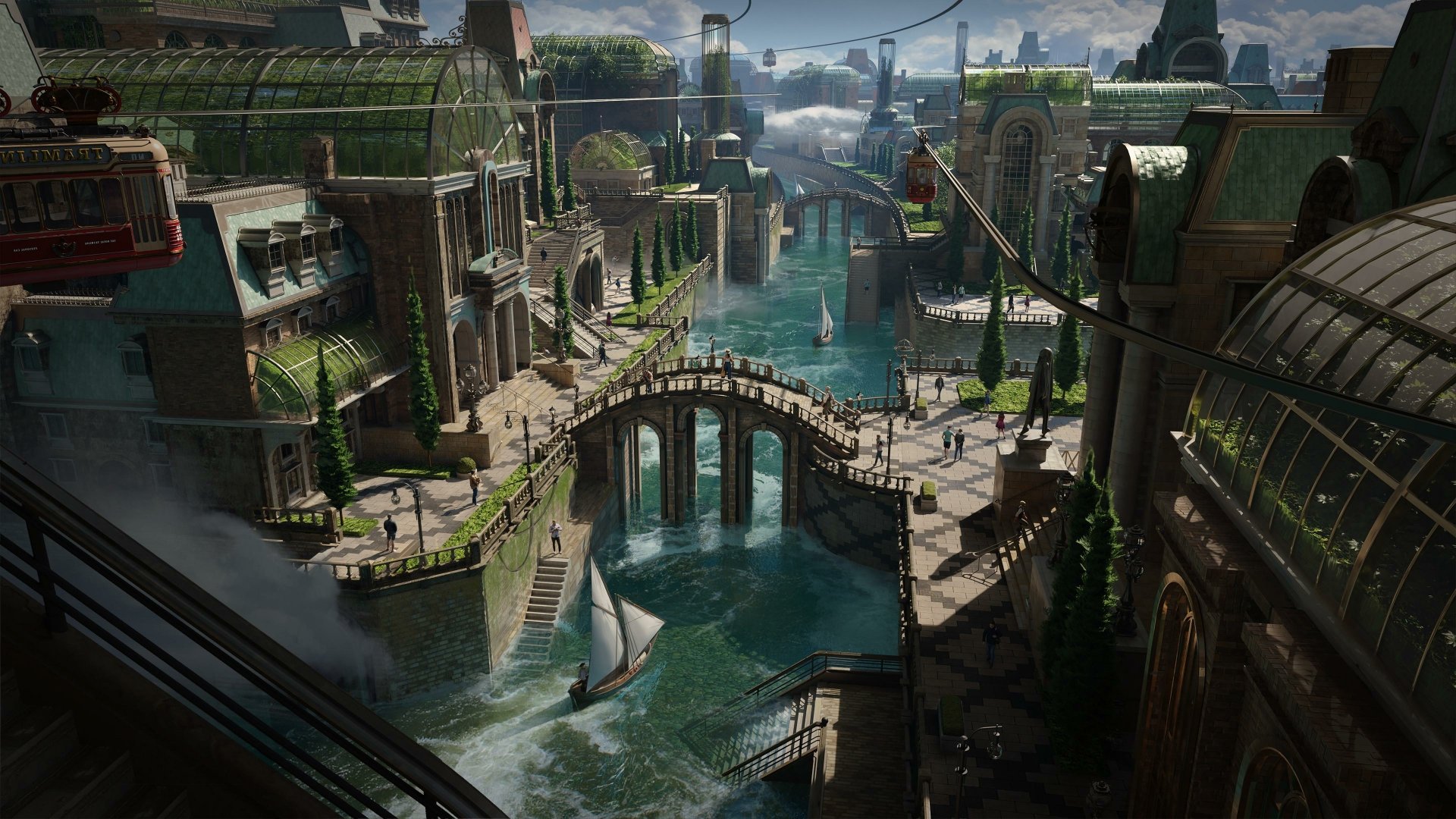 A 4K Ultra HD fantasy cityscape with intricate bridges, canals, and lush greenery, blending medieval and futuristic architectural elements in a vibrant waterway setting.