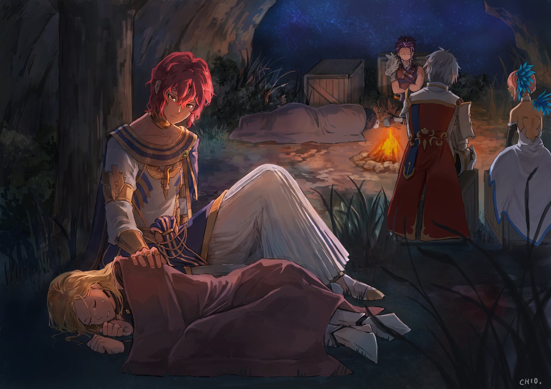 HD PC desktop wallpaper from the video game Tales of Arise, depicting characters resting and gathered around a campfire in a nighttime forest setting.