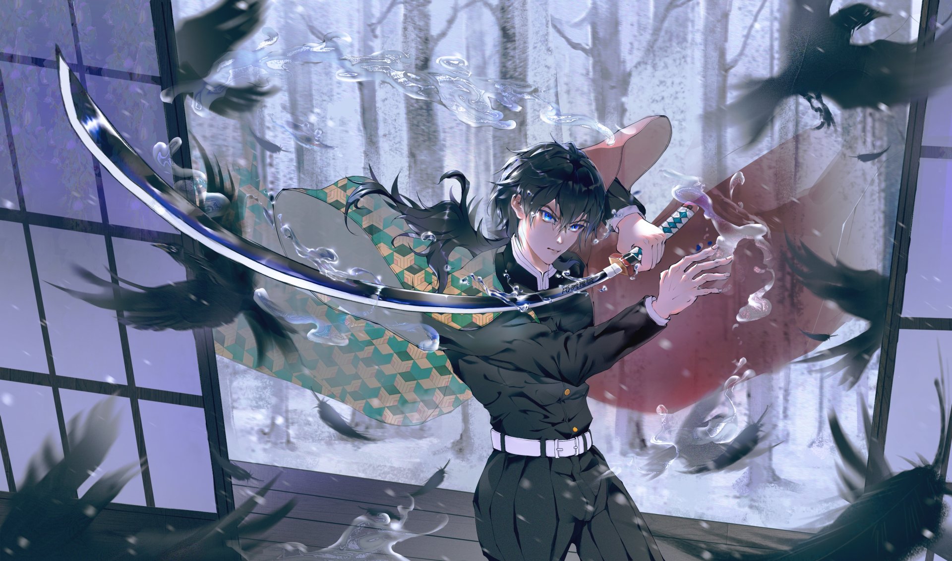 Giyuu Tomioka (Demon Slayer) poised in a snowy ruined room, drawing his sword with a water-like arc, flowing haori and black crows — 4K Ultra HD anime PC desktop wallpaper.