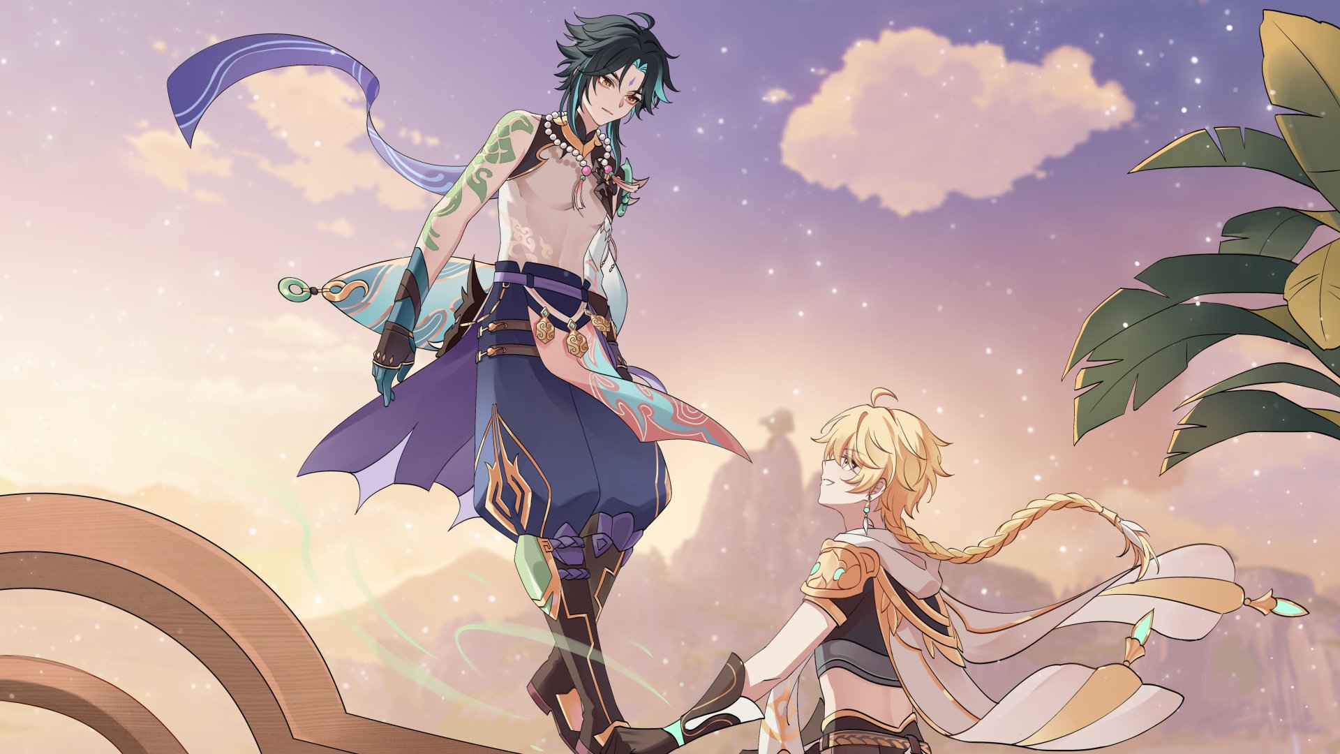 Video game characters Xiao and Aether from Genshin Impact pose amid sunset clouds and floating ribbons — 5K Ultra HD PC desktop wallpaper/background with vivid, dreamlike colors.