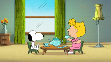 Snoopy and Sally share tea in a cozy living room — cartoon still from The Snoopy Show (TV show). 4K Ultra HD PC desktop wallpaper/background.
