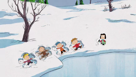 4K Ultra HD desktop wallpaper featuring a snowy scene from The Snoopy Show with children making snow angels and a character holding Snoopy in the background.