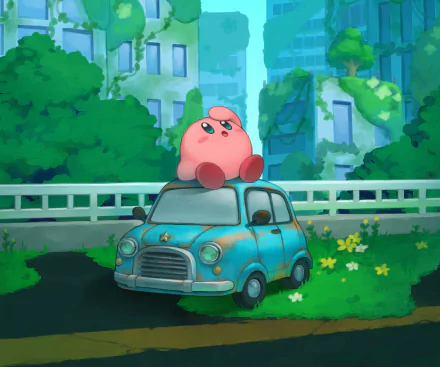 HD PC desktop wallpaper featuring Kirby from the video game Kirby and The Forgotten Land sitting atop a small, rusty blue car in a lush, overgrown urban setting.