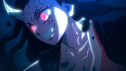 HD wallpaper featuring Nezuko Kamado from the anime Demon Slayer: Kimetsu no Yaiba, showcasing her fierce expression and dramatic lighting.