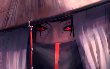 HD PC desktop wallpaper featuring Itachi Uchiha from the anime Naruto, showcasing his intense red Sharingan eyes with a dark, dramatic background.