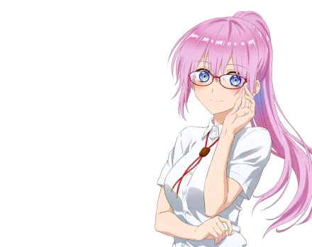 A vibrant 4K Ultra HD wallpaper featuring Micchon Shikimori from the anime Shikimori's Not Just a Cutie, showcasing her striking pink hair and glasses with a thoughtful expression.