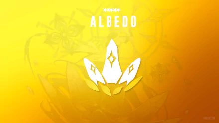 Albedo (Genshin Impact) emblem and name centered on a warm golden gradient with alchemical motifs — 8K Ultra HD PC wallpaper.