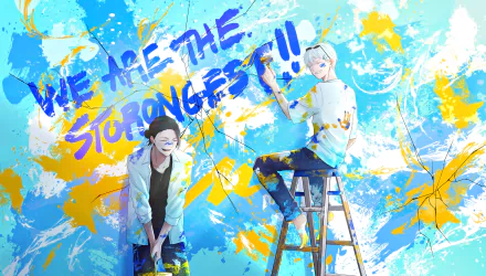 4K Ultra HD anime wallpaper featuring Suguru Geto and Satoru Gojo from Jujutsu Kaisen with vibrant blue and yellow splashes and bold We are the strongest!! text.