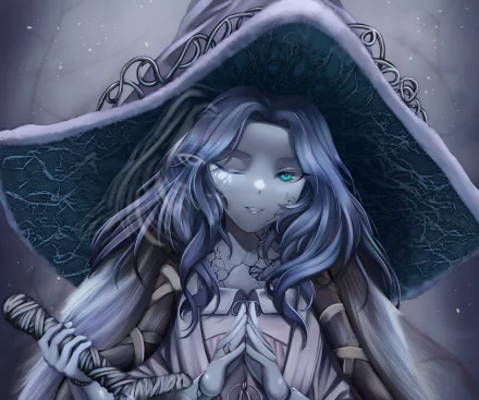 HD desktop wallpaper featuring Ranni the Witch from the video game Elden Ring, showcasing her mysterious appearance with glowing eyes and detailed attire.