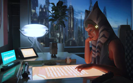 HD PC desktop wallpaper featuring Ahsoka Tano from Star Wars in a futuristic sci-fi setting, interacting with a glowing holographic interface against a cityscape backdrop.
