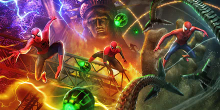 4K Ultra HD PC desktop wallpaper featuring multiple Spider-Man characters from Spider-Man: No Way Home in dynamic action poses amid a vibrant, chaotic background.