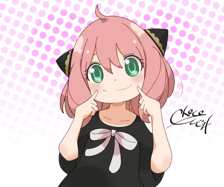 Anime-style HD desktop wallpaper featuring Anya Forger from Spy x Family with green eyes, pink hair, cat-ear hair accessories, and a playful smile against a pink polka dot background.