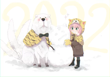 Anime-style 8K Ultra HD wallpaper featuring Anya Forger from Spy x Family standing next to Bond, both wearing matching tiger-patterned capes and hoods.