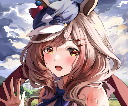 4K Ultra HD PC desktop wallpaper of Matikane Tannhauser from Uma Musume: Pretty Derby — anime girl with golden eyes, windswept hair and a sunlit hat against a bright sky background.