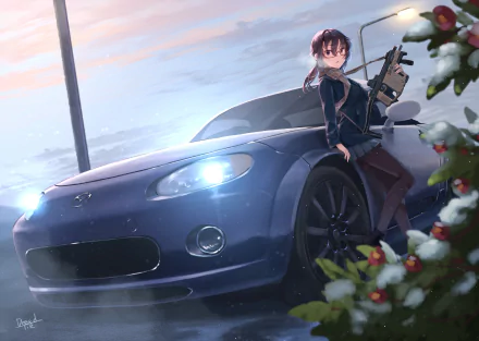 Anime girl leaning against a blue Mazda MX-5 Miata under a soft evening sky, presented in vibrant 4K Ultra HD PC desktop wallpaper quality.