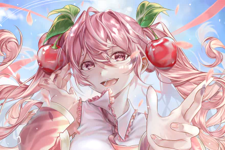 HD anime desktop wallpaper featuring Sakura Miku from Vocaloid, showcasing her pink hair adorned with cherry-themed accessories against a bright, lively sky backdrop.