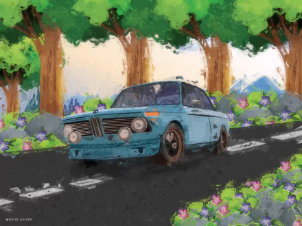 Watercolor HD PC desktop wallpaper of a vintage blue car on a tree-lined road, surrounded by colorful wildflowers and distant mountains.