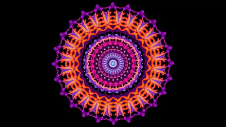 Abstract kaleidoscope mandala in vivid purple, orange and pink on black — HD PC desktop wallpaper and background.