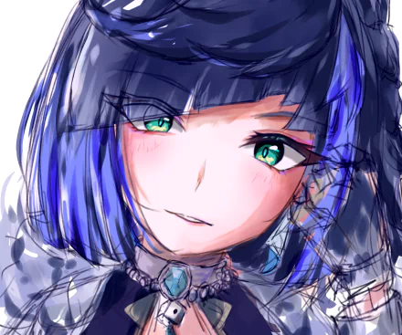 Close-up painterly portrait of Yelan from the video game Genshin Impact, teal-eyed with blue hair and an ornate necklace, HD PC desktop wallpaper/background.
