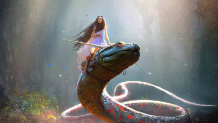 4K Ultra HD PC desktop wallpaper: a fantasy woman in white rides a giant coiled serpent-like creature through a misty, luminous forest sprinkled with glowing motes.