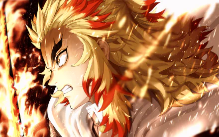 Kyojuro Rengoku from Demon Slayer: Kimetsu no Yaiba, roaring amid blazing flames — dynamic 4K Ultra HD anime PC desktop wallpaper.