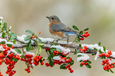 5K Ultra HD PC desktop wallpaper background — bluebird perched on a snow-dusted branch laden with red berries.