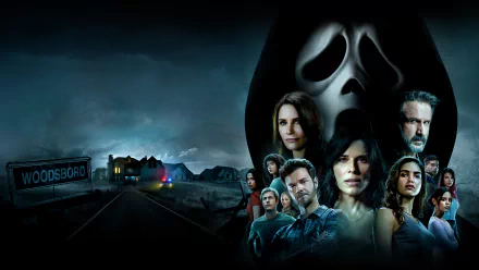 4K Ultra HD PC desktop wallpaper: Scream (2022) poster-style image with Ghostface looming above a group of tense characters, a dark highway toward Woodsboro and distant flashing police lights.