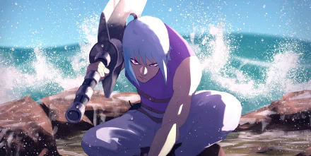 Suigetsu Hōzuki (Naruto) crouching on a rocky shore with his oversized sword, ocean spray and blue sky — anime 2K Quad HD PC desktop wallpaper and background.