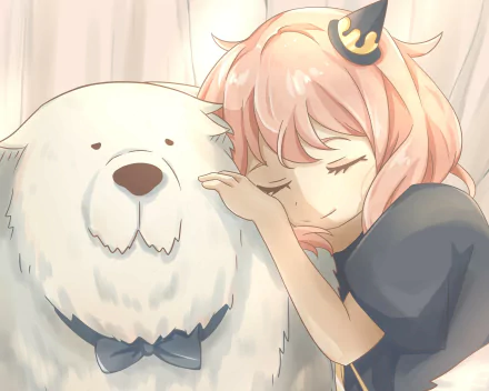 Anya Forger cuddling Bond (Spy x Family), the fluffy white dog, eyes closed in a soft pastel anime scene — HD PC desktop wallpaper/background.