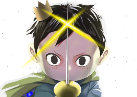 Close-up of Bojji (Ranking of Kings), anime character staring determinedly over a sword with a glowing cross-shaped light — vivid 4K Ultra HD PC desktop wallpaper background.