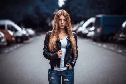 leather jacket redhead woman model HD Desktop Wallpaper | Background Image