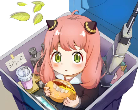 Anime-style 4K Ultra HD desktop wallpaper featuring Anya Forger from Spy x Family holding a sandwich with a curious expression.
