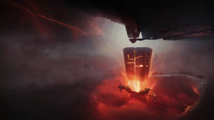 Destiny 2 5K Ultra HD PC desktop wallpaper: a colossal ship suspends a glowing orange core above a crimson cloud sea while tiny craft circle below.