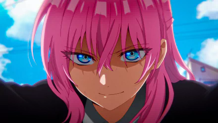 HD PC desktop wallpaper featuring Micchon Shikimori from the anime Shikimori's Not Just a Cutie, showcasing her intense blue eyes and vivid pink hair.