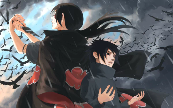 HD anime desktop wallpaper featuring Sasuke Uchiha and Itachi Uchiha from Naruto, depicted with dramatic lighting and swirling crows in a dynamic, intense scene.