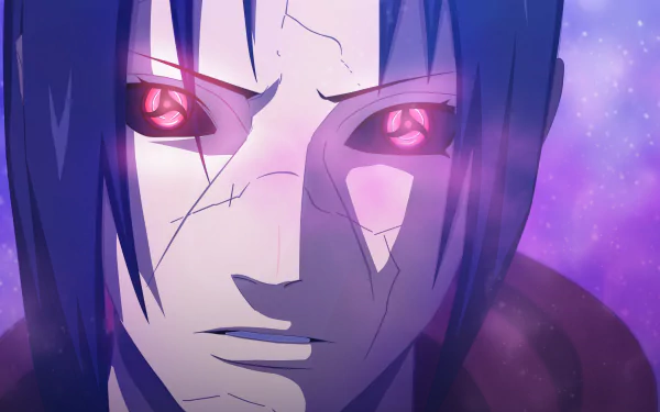 HD anime desktop wallpaper featuring Itachi Uchiha from Naruto with glowing red Sharingan eyes set against a purple-hued background.