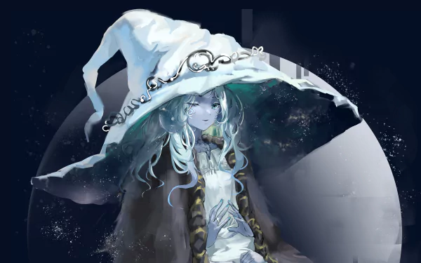 Ranni the Witch (video game Elden Ring) 5K Ultra HD PC wallpaper: pale, braided sorceress in a wide white hat and cloak before a luminous moon.