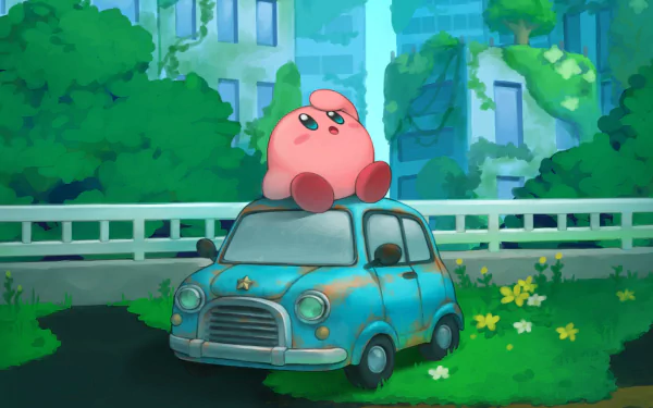 HD PC desktop wallpaper featuring Kirby from the video game Kirby and The Forgotten Land sitting atop a small, rusty blue car in a lush, overgrown urban setting.